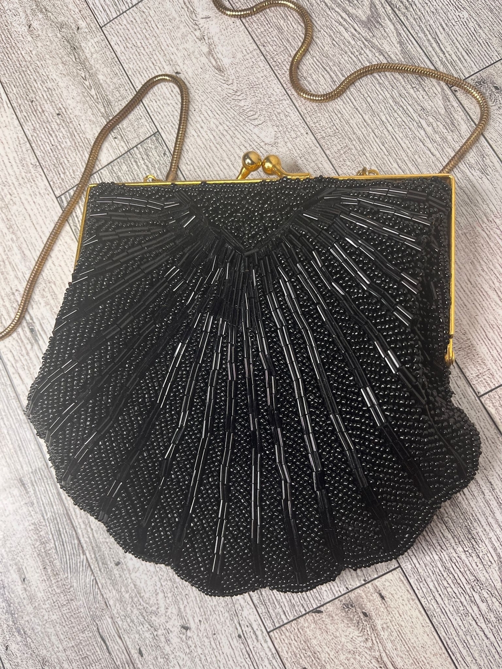 Elegant Black Beaded Evening Clutch with Gold Frame